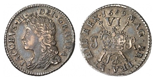 James II 1685-1691, Irish Gunmoney Small Six Pence 1689 Feb in Silver
