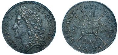 James II, Gunmoney coinage, Shilling, 1689 Augt. (S 6581C)