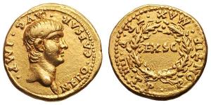 roman coin gold Nero Aureus. 57-58 AD. NERO CAESAR AVG IMP, bare head right / PONTIF MAX TRP IIII COS around EXSC in wreath