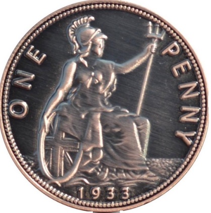This 1933 facsimile penny is clearly not the genuine article - as can be seen by the many deliberate design flaws. It is not intended to deceive.