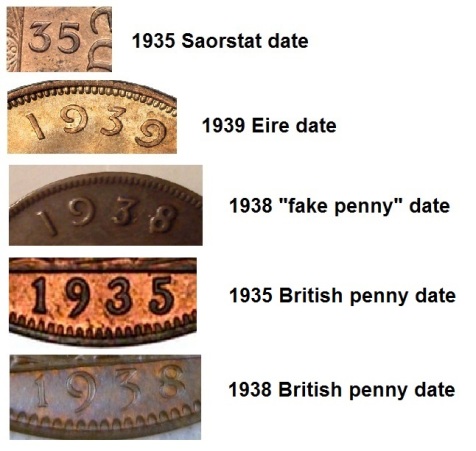 1938 date comparisons - what type of coin was the donor for the fake 1938 Irish penny?
