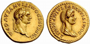 Roman aureus minted in 83 during the reign of Domitian. Domitia appears on the reverse with the honorific title Augusta.