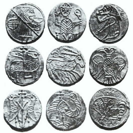 These distinctive pewter tokens were found by Brendán O’Riordáin during his archaeological excavations at Winetavern Street in Dublin. As its name suggests, this street was once famous for its taverns and it is likely that the tokens were originally used by local inn-keepers when normal coinage was scarce.