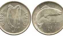 coins, numismatics, irish free state, eire, ireland, florin, two-shillings, The rare 1943 Ireland florin - approx. known examples exist.