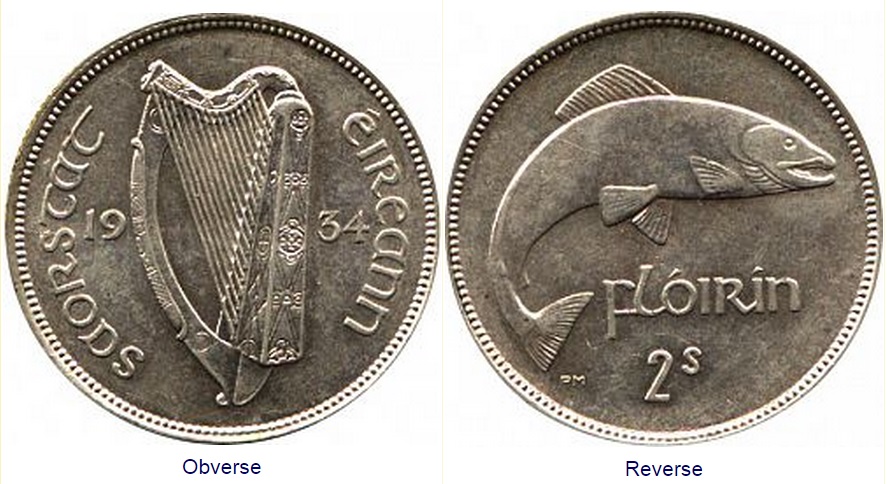 Details about   Ireland Republic 1954-1 Florin Copper-Nickel Coin Irish harp Salmon 
