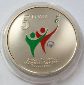 2003 €5 Special Olympics Coin ( Brilliant Uncirculated) reverse design - an image of the reverse design: enameled Special Olympics colour logo