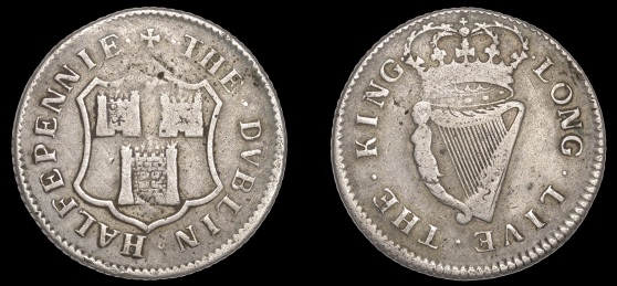 Dublin Corporation, Halfpenny, 1679, in silver, arms of Dublin, · the · dvblin · halfpennie ·, rev. crowned harp, · long · live · the · king ·, edge grained, 9.14g/12h (DF 349, not listed in silver). Obverse fine, reverse better, of the highest rarity; believed to be the only known specimen in silver