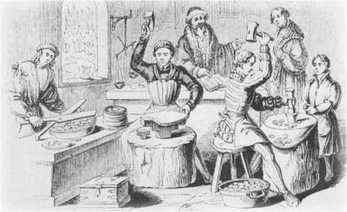 A typical scene at a late medieval mint. The man in the middle is 'hammering' designs on to blank pieces of silver or gold. This manual process, known as hammered coinage, proceeded under the management of a moneyer; it was the major method of coinmaking from 640 bc until as late as 1662. A moneyer typically kept one of every 16 pieces as his pay, so there is little onder as to why they rejected the introduction of any mechanical means of coin making until the mid-1600's. The Old Currency Exchange is Ireland's leading retailer for collectible banknotes, coins and tokens. best good shop for Irish coins and banknotes, Dublin, Ireland