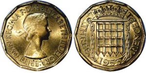 This design was replaced by a return to heraldic themes by his daughter (Queen Elizabeth II) with the 'seal of the House of Commons' reverse design for her brass threepence in 1953.