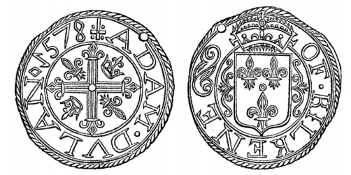The token of Adam Dulan, bearing date 1578, is much larger than the typical 17th C tradesmens' tokens and is composed of lead. It is evidently one of the farthing tokens which were in such vogue in England in the reign of queen Elizabeth, owing to the scarcity of small change, and which were all composed of lead, whilst the penny tokens of the following century were chiefly of copper or brass.