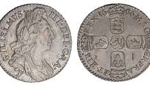 1696 silver sixpence of William III, York mint (J), first bust, large crowns, first harp