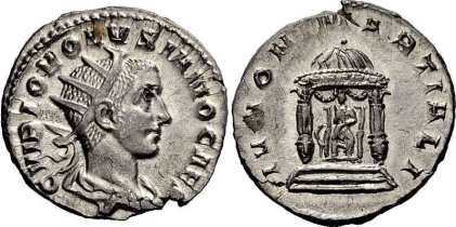 Volusianus, AR Antoninianus. AD 251. C VIBIO VOLVSIANO CAES, radiate, draped bust right / IVNO MARTIALI, Juno seated facing within round distyle temple, peacock at her side. RIC 131; RSC 47