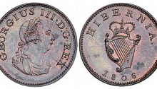 1806 Ireland George III copper farthing, Laureate and draped bust facing right