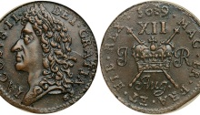 1689 Aug, with stop. James II, Gunmoney. Large size. Laureate head left. Reverse XII over crown. Usual surface porosity