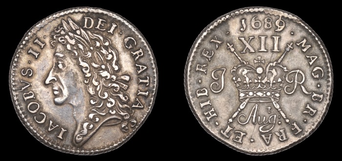 James II, Gunmoney Proof Shilling in Silver, large size, 1689 Aug, with 't' above (between 'u' and 'g') + full colon