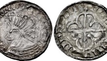 Hiberno-Norse. Circa 1110-1150. Silver Penny (20mm, 0.83 g). Phase VII (semi-bracteate) coinage, ‘Scrabo’ with Quatrefoil type. Uncertain mint signature and moneyer. Bust left / · quatrefoil over long cross. O`S 65; SCBI 8 (BM) 251–2; D&F 33; SCBC 6191