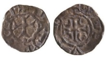 John De Courcy, Lord of Ulster (1177-1205), Farthing, anonymous issue, Downpatrick Mint, Processional cross within beaded circle, +PATRICII legend, rev short cross potent with crescents in angles, within beaded circle, +DE DVNO legend, 0.36g (Withers Downpatrick 1; D.F. 47; S.6225). Toned, a pleasing very fine for issue and extremely rare