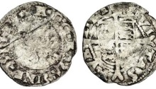 Edward VI (1547-53), coinage in the name of Henry VIII, Threehalfpence, 0.54g, crowned, bearded facing bust, rev. civitas dvblini, shield over long cross fourchée (D.F. -; S.6492), scratch on obverse, full coin, weak portrait, clear legends, fair / about fine, extremely rare