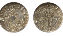 Hiberno-Norse Coinage. Anlaf V (ca. 1029-1034). ‘Cnut-style’ Penny. struck likely at Dublin, moneyer: Oda (?) Draped bust l. breaking circle, wearing pointed helmet and holding scepter; +∧NLF +CVIN-E (the ‘N’ retrograde), rev. Central double circle enclosing pellet, which intersects a voided and a jeweled cross within a circle; +OD∧:ON (the ‘N’ retrograde) DNLNVF