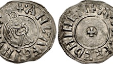 Hiberno-Norse Northumbria). Anlaf Guthfrithsson. 939-941. AR Penny (20mm, 1.14 g, 7h). Eoferwic (York) mint; Athelferd, moneyer. + •ΛNL-•ΛF CVNVHC', raven with wings displayed, head left / + •ΛÐELFERD HINETΓ, small cross pattée. CTCE group IV, a-al; SCBI 4 (Copenhagen) 628-33 var. (legend); BMC 1092-6 var. (legend and stops); North 537; SCBC 1019. EMC 2015.0099 (this coin). Near EF, lightly toned. An excellent example of this iconic type.
