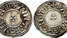 Hiberno-Norse Northumbria). Anlaf Sithtricsson (Cuaran). Second reign, circa 950-952. AR Penny (21mm, 1.31 g, 8h). Circumscription Cross type. York mint; Radulf, moneyer. + ·A·NL·A·F CVNVNCΓ, small cross pattée / + R·A·ÐVCF MONET R·, small cross pattée. CTCE Group VI b, c, and q; SCBI 4 (Copenhagen), 639 var. (legends); BMC –; North 541; SCBC 1029 (this coin illustrated). Near EF, slight deposit in legend on obverse, otherwise with a pleasing silvery/blue tone. Extremely rare