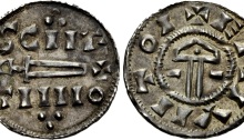 Hiberno-Norse Northumbria). St. Peter coinage. Circa 921-927. AR Penny (19mm, 1.19 g, 3hh). Sword/Hammer type. York mint. Struck under Sihtric II Caech. SCIIE/TIIIIO in two lines, voided sword and cross between, trefoils above and below / + ERIVIITOI, voided hammer, pellet in handle; horizontal lines flanking. Stewart & Lyon dies 26a; SCBI 4 (Copenhagen), 591 (same dies); BMC –; North 556; SCBC 1015 (this coin illustrated). EF, attractive old tone, good metal. Rare.