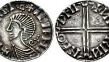 Hiberno-Norse. Sihtric III Olafsson. 995-1036. AR Penny (17.5mm, 1.20 g, 7h). Phase II coinage, Long Cross type. Difelin (Dublin) mint signature; ‘Nirinn,’ moneyer. Struck circa 1018-1035. + I?TRC RE+ IDIFHI, draped bust left; inverted croizer behind / + ?I RI? N HO DFII, voided long cross, with triple crescent ends; pellet in each angle. O`S 12 (same rev. die as illustration); SCBI 22 (Copenhagen), 88 (same dies); D&F 23; SCBC 6125A. Good VF, toned.