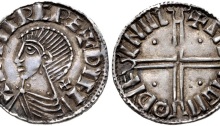 IRELAND, Hiberno-Norse. Sihtric III Olafsson. 995-1036. AR Penny (19mm, 1.30 g, 3h). Early Phase II coinage, Long Cross type. Difelin (Dublin) mint signature; Steng, moneyer. Struck circa 1018-1035. + (retrograde Z)IHTR(IC) RE+ DIFL, draped bust right; cross pattée behind neck; pellet in each angle of neck / + (retrograde Z)TE NGM O DУF LNIR, voided long cross, with triple crescent ends; pellet in each angle. Blackburn 4 –; O’S 10; cf. SCBI 8 (BM), 67 (for type); SCBI 32 (Belfast), 46 (same rev. die); D&F 23; cf. SCBC 6122. Near EF, toned. Very rare moneyer.