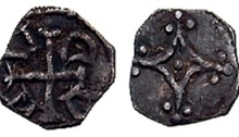 John, as Lord. 1190-1199. AR Farthing (0.35 gm). Second coinage. Dublin mint. Mascle with trefoils at corners / ADAM counter-clockwise around cross. The D not retrograde, as on most other known specimens. Seaby 6220; D&F 41. VF, deeply toned. Particularly fine style obverse. Very rare
