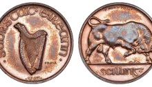 1927 Irish Free State, Pattern Shilling, by P. Morbiducci, in bronze, harp, stamped prova, rev. bull right, edge plain, 4.95g Irish Coin Database. Old Currency Exchange, Dublin