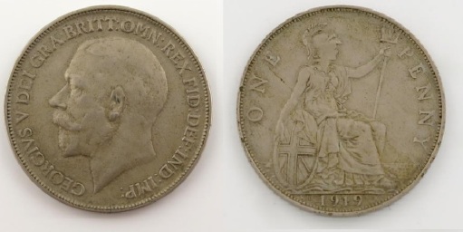 1919 GB Penny (Kings Norton Mint) error in copper-nickel alloy