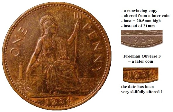 1954 Elizabeth II bronze penny (fake, with detail)