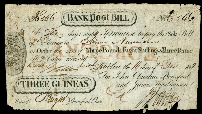 1802 Dublin, Beresfords Bank, contemporary forgery of Bank Post Bill for Three Guineas, 14 December 1802, stamped forgery