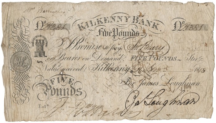 1818 Kilkenny Bank, Five Pounds Sterling, dated 11 November 1818, for James Loughnan, signed by him. The Old Currency Exchange, Dublin, Ireland.