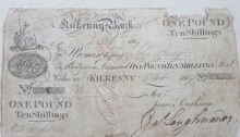 One Pound & Ten Shillings, Kilkenny Bank (Loughnan's Bank) 1819, signed by James Loughnan. The Old Currency Exchange, Dublin, Ireland.