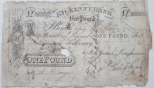 One Pound Sterling, The Kilkenny Bank (Loughnan's Bank), signed by James Loughnan. The Old Currency Exchange, Dublin, Ireland