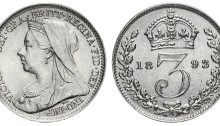 1893 GB & Ireland silver threepence - Victoria (Veiled Head). The Old Currency Exchange, Dublin.