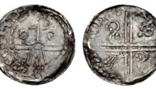 Hiberno-Norse. Circa 1065-1085/95. AR Penny (18mm, 0.54 g). Phase V coinage, Facing Bust type. Uncertain mint signature and moneyer. Stylized facing bust wearing pyramidal helmet / Voided long cross; ‘hand’ symbol in one quarter, S symbol in others. O'S 46; SCBI –; D&F 29; SCBC 6176. VF, toned. Well struck. Rare.