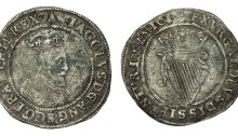 James I Silver Irish Shilling, First coinage, First bust, Mintmark Bell, 4.27g 28.4mm, S.6512. The Old Currency Exchange, Dublin, Ireland.