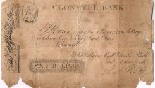 Circa 1790, for six shillings, unissued, signed Chal. Riall and engraved For William Riall, Charles Riall and Arthur Riall", bearing date "17__ ." The Old Currency Exchange, Dublin, Ireland.