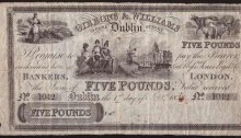 1833 £5 Gibbons & Williams, Dublin, S/N 1042, dated 1st September 1833. The Old Currency Exchange, Dublin, Ireland.