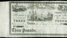 1834 Dublin, Gibbons & Williams Bank, Three Pounds, 4 December 1834, no. 5484, unissued, with counterfoil (PB 159). The Old Currency Exchange, Dublin, Ireland.