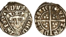 Edward I, Fifth Irish Coinage, Penny, Intermediate Issue, Dublin Mint, type III, pellet in each corner of triangle. The Old Currency Exchange, Dublin, Ireland.