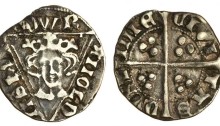 Edward I, fourth Irish coinage, Penny, Intermediate Issue, Dublin, type II, 1.40g, EDWR ANGLD NSHYB, rosette on breast, rev. CIVI TAS DVBL INIE, small letters, irregular,possibly clipped, good fine (S.6257) very rare. The Old Currency Exchange, Dublin, Ireland.