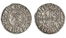 Hiberno-Norse Phase 1, Class E, silver penny imitating Cnut's Quatrefoil, bust left, sihtric, rev feineimodyf, 1.03g. The Old Currency Exchange, Dublin, Ireland.