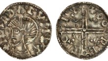 Harthacnut, Penny, 1.06g, Scandinavian imitation in the style of a Hiberno-Norse long cross, Lund mint, +hardÐa cvnvc, bare bust left to base of coin, rev. +Ðorcetl on lv, long cross, each limb ending in three semicircles, a pellet in centre (cf. S.6103), crude, peck marks to the reverse, very fine, extremely rare