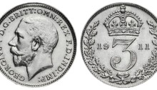 1911 GB & Ireland silver threepence (George V). The Old Currency Exchange, Dublin, Ireland.