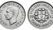 1937 GB & Ireland silver threepence (George VI). The Old Currency Exchange, Dublin, Ireland.