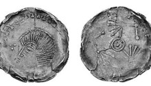 Hiberno-Norse Silver Penny, Phase V mule, crude bust left, trefoil of pellets to left (S.6139) + three birds around central pellet (S.6169). The Old Currency Exchange, Dublin, Ireland.