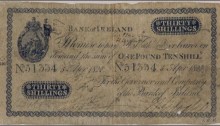 1820 Bank of Ireland (Sixth Issue 1815-1825) Thirty Shillings Note. The Old Currency Exchange, Dublin, Ireland.